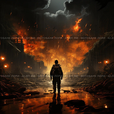 Military man in front of a burning city,Generative AI. Стоковое AI-изображение, AI-художник Анна Кривицкая / Фотобанк Лори