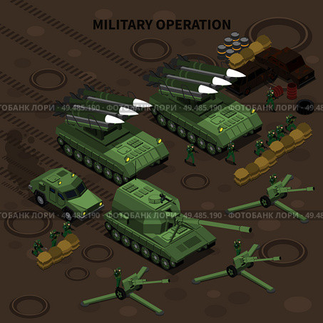 Military operation with use of long range guns and self propelled howitzers isometric background vector illustration. Стоковая иллюстрация, агентство Ingram Publishing / Фотобанк Лори