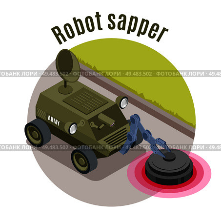 Military robots isometric emblem with robot sapper headline and green military machine vector illustration. Стоковая иллюстрация, агентство Ingram Publishing / Фотобанк Лори