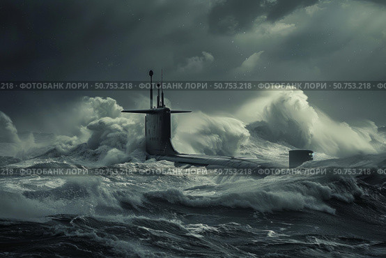 Military submarine navigating stormy waters in dramatic seascape. Стоковое AI-изображение, AI-художник Иван Рябоконь / Фотобанк Лори