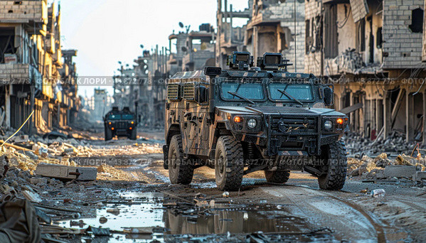 Military vehicle patrolling destroyed city street after battle. Стоковое AI-изображение, AI-художник Юрий Поздников / Фотобанк Лори