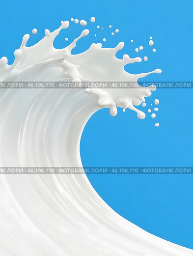 Milk curvy wave splashing on blue background. AI generated illustration. Стоковое AI-изображение, AI-художник Катерина Ковалева / Фотобанк Лори