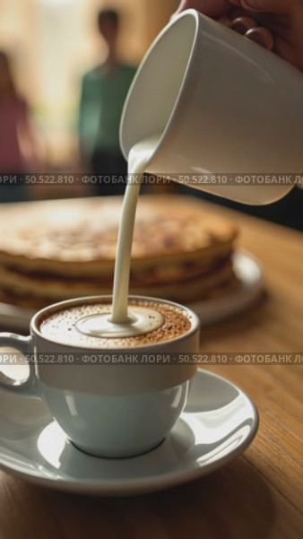 Milk spilling from jar to cup of coffee early summer or spring morning. Стоковое AI-видео, аниматор Sergey Grishin / Фотобанк Лори