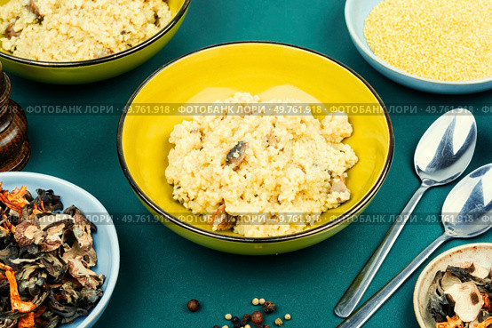Millet porridge with mushrooms in a bowl.. Millet porridge with mushrooms. Стоковое фото, агентство Ingram Publishing / Фотобанк Лори