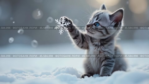 Милый котенок играет со снежинкой. Стоковое AI-видео, аниматор Виктория Кольцова / Фотобанк Лори