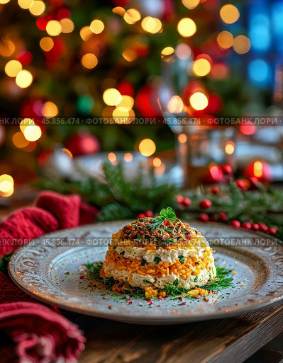 Mimosa Salad on a New Year's Festive Table. A very beautiful dish, and since the salad is quite easy to prepare, it can often be seen on the festive table. Стоковое AI-изображение, AI-художник Сергей Елизарьев / Фотобанк Лори