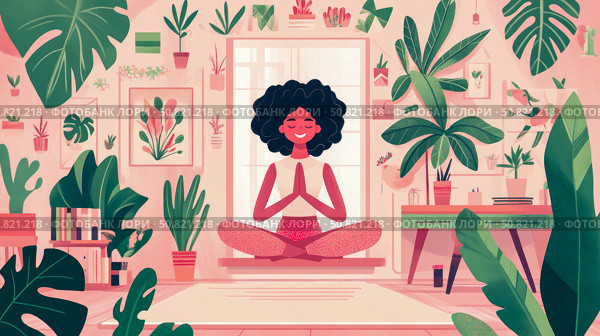 Mindful Meditation: Serene Woman Practicing Yoga Amidst Lush Indoor Garden, Promoting Wellbeing and Tranquility. Стоковое AI-изображение, AI-художник Данила Большаков / Фотобанк Лори