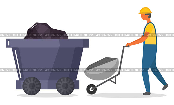 Miner loading wagon with coal or minerals. Mining industry character and work tasks. Transportation of extracting fossil fuels from mine. Male with wheelbarrow and resources, vector in flat style. Man Working on Mining Industry, Miner with Cart. Стоковая иллюстрация, агентство Ingram Publishing / Фотобанк Лори