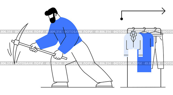 Miner swinging pickaxe beside a rack of clothes suggests changing career path, work-life balance, or transitioning professions. Ideal for career change, growth, work-life balance, adaptable skills. Miner Swinging Pickaxe with Clothes on Rack Illustrating Changing Career Path or Work-life Balance. Стоковая иллюстрация, агентство Ingram Publishing / Фотобанк Лори