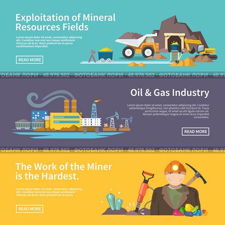 Miner work flat horizontal banner set with exploitation of mineral resources fields oil and gas industry elements isolated vector illustration. Стоковая иллюстрация, агентство Ingram Publishing / Фотобанк Лори
