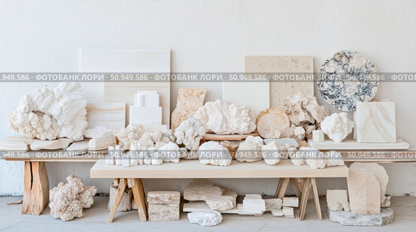 Mineral Collection Arrangement: A showcase of geological specimens and stone samples on a table against a textured white wall. Стоковое AI-изображение, AI-художник Данила Большаков / Фотобанк Лори