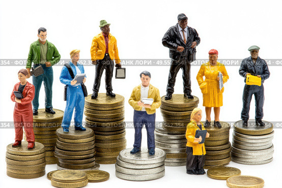 Miniature figures of workers and businessmen on coins reflect the ironic situation: someone is at the top of finance, and someone is barely hanging on - a visual allegory of economic pyramids. Banner. Стоковое AI-изображение, AI-художник Евгений Демидюк / Фотобанк Лори
