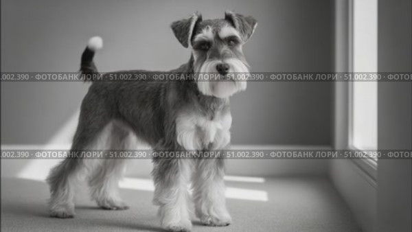 Miniature schnauzer posing in black and white by the window. Стоковое AI-видео, аниматор Юрий Поздников / Фотобанк Лори