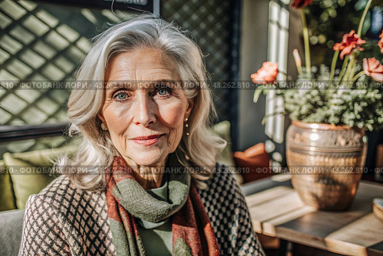Minimalism. A studio portrait of a stylish, elegant elderly woman, a pensioner of 70 years old, in an interior and clothes of calm tones. The concept of the elderly. Стоковое AI-изображение, AI-художник Photojuli / Фотобанк Лори