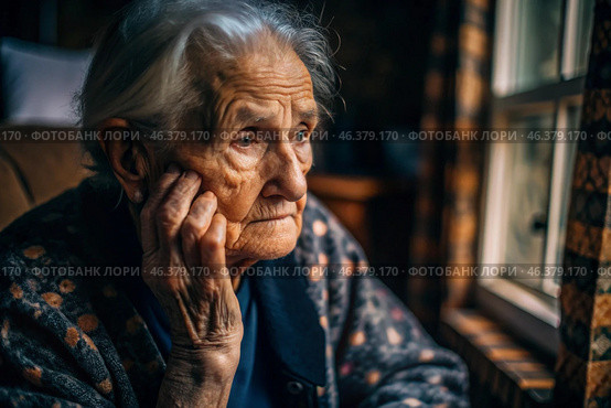 Minimalism. Portrait of an old elderly woman, a pensioner, a concept of the life of the elderly, health, loneliness and memory loss. Стоковое AI-изображение, AI-художник Photojuli / Фотобанк Лори