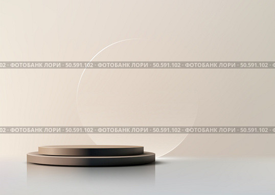 Minimalist beige podium scene with muted earth tones, a slender transparent circle, and soft shadows. Perfect for luxury product displays, mockups, branding, and serene showroom designs. Стоковая иллюстрация, агентство Ingram Publishing / Фотобанк Лори