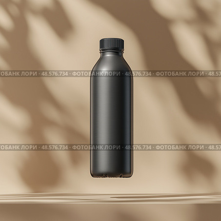 Minimalist black bottle suspended above a reflective surface with soft shadows. Минималистичная серая бутылка, подвешенная над отражающей поверхностью с мягкими тенями. Стоковое AI-изображение, AI-художник Katsiaryna Repich / Фотобанк Лори