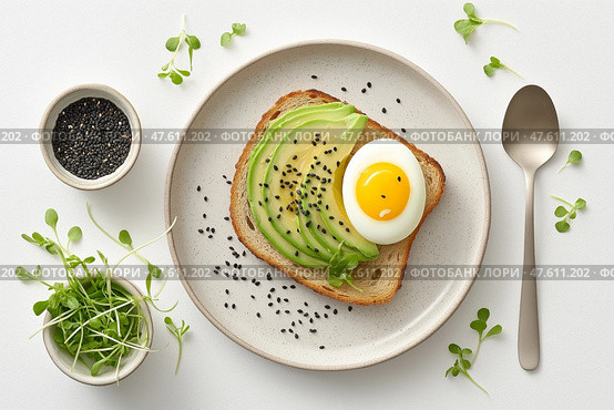 Minimalist breakfast with avocado toast and a perfectly cooked egg. Минималистский завтрак с тостом из авокадо и идеально сваренным яйцом. Стоковое AI-изображение, AI-художник Katsiaryna Repich / Фотобанк Лори