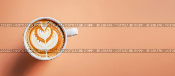 Minimalist coffee cup on peach fuzz colored table. Cup of coffee in Peach Fuzz color. top view, banner. color of year 2024. Peach Fuzz cup of cappuccino coffee. Стоковое AI-изображение, AI-художник Павел Муравьев / Фотобанк Лори