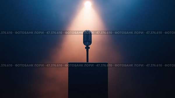 Minimalist depiction of an empty microphone under spotlight. Минималистское изображение пустого микрофона под светом прожектора. Стоковое AI-изображение, AI-художник Katsiaryna Repich / Фотобанк Лори
