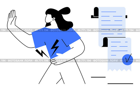 Minimalist drawing of woman rejecting document, holding hand up with lightning symbol on blue shirt. Ideal for contract refusal, disagreement, warning, rejection, caution, vector. Woman Rejecting Document with Symbolic Lighting on Shirt. Стоковая иллюстрация, агентство Ingram Publishing / Фотобанк Лори