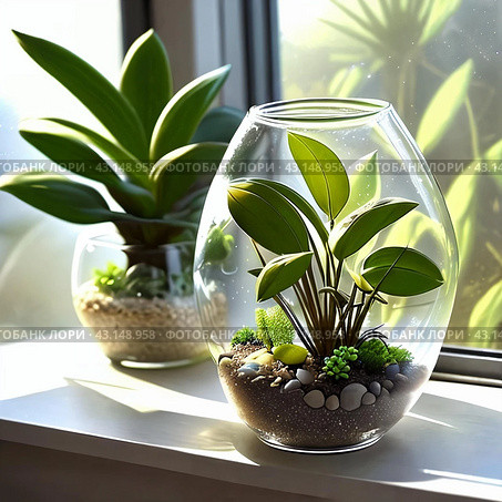 Minimalist terrarium sitting on a sunlit windowsil. Стоковое AI-изображение, AI-художник Ольга Хорошунова / Фотобанк Лори