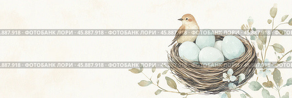 минималистичная иллюстрация малиновки с гнездом и яйцами для весеннего декора и любителей природы. Стоковое AI-изображение, AI-художник ФотоИнтеллект / Фотобанк Лори