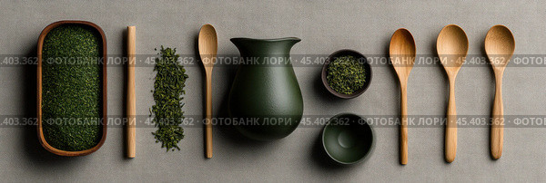 Минималистский набор для чайной церемонии, плоская раскладка, идеально подходит для весеннего дизайна. Стоковое фото, фотограф ФотоИнтеллект / Фотобанк Лори
