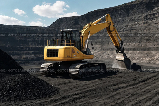 Mining excavator loading coal working in quarry mines open pit under blue sky. Digging machine works in coal mine, hauling minerals. Heavy metallurgy loads mine machinery concept. Copy ad text space. Стоковое AI-изображение, AI-художник Aleksandr Golubev / Фотобанк Лори
