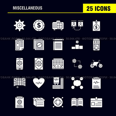 Miscellaneous Solid Glyph Icons Set For Infographics, Mobile UX/UI Kit And Print Design. Include: Cog, Gear, Settings, Setting, Coin, Dollar, Money, Bag, Icon Set - Vector. Стоковая иллюстрация, агентство Ingram Publishing / Фотобанк Лори