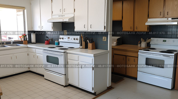 mismatched dated kitchen ai generated. Стоковое AI-изображение, AI-художник Vectorwin / Фотобанк Лори
