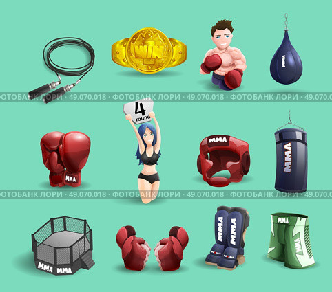 Mma fights 3d icons set. Mixed martial arts mma fighter ring cage equipment and accessories 3d pictograms set abstract isolated vector illustration. Стоковая иллюстрация, агентство Ingram Publishing / Фотобанк Лори