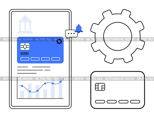 Mobile banking app interface displaying a credit card, notification, settings gear, and financial graph. Ideal for financial management, mobile banking, notifications, settings, data analytics. Mobile Banking App with Credit Card, Notification, Settings Gear, and Financial Graph. Стоковая иллюстрация, агентство Ingram Publishing / Фотобанк Лори
