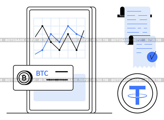 Mobile device displaying cryptocurrency chart with Bitcoin symbol BTC and usd symbol T. Receipt with checkmark. Ideal for cryptocurrency trading digital finance mobile apps blockchain technology. Cryptocurrency Trading with Bitcoin and usd on Mobile Device Charts and Receipts. Стоковая иллюстрация, агентство Ingram Publishing / Фотобанк Лори