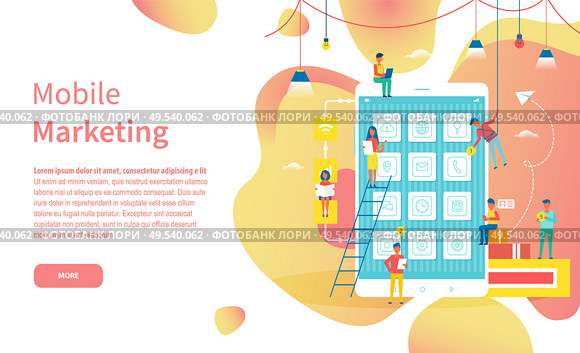 Mobile marketing online web page with modern device vector. Tablet and IT workers developing apps and programs, Internet market research website template. Modern Device, Mobile Marketing Online Web Page. Стоковая иллюстрация, агентство Ingram Publishing / Фотобанк Лори