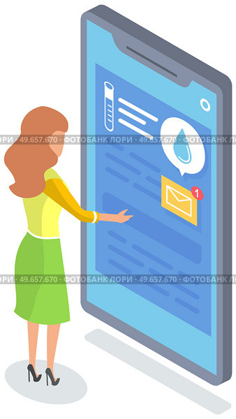 Mobile phone with weather forecast app vector illustration. Woman uses application for determining air temperature. Girl looking at smartphone screen with weather and precipitation forecasting program. Mobile phone with weather forecast app. Woman uses application for determining air temperature. Стоковая иллюстрация, агентство Ingram Publishing / Фотобанк Лори