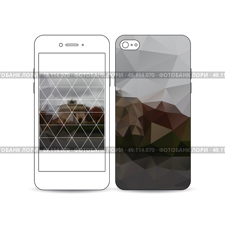 Mobile smartphone with an example of the screen and cover design isolated on white background. Polygonal background, blurred image, urban landscape, Paris cityscape, modern triangular vector texture. Стоковая иллюстрация, агентство Ingram Publishing / Фотобанк Лори