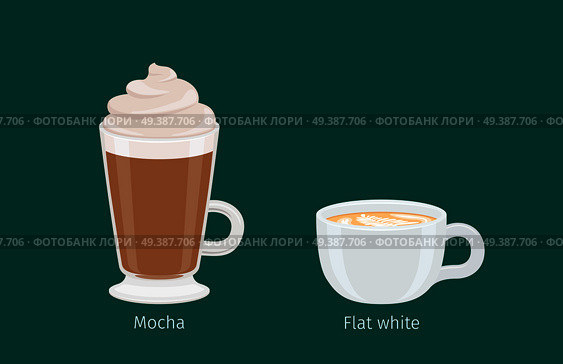Mocha and Flat White coffee with foam in cups on emerald background with name text under each. Kinds of American and Australian coffee. Minimalist vector illustration for coffee shops and cafes.. Mocha and Flat White Coffee Drinks Illustration. Стоковая иллюстрация, агентство Ingram Publishing / Фотобанк Лори