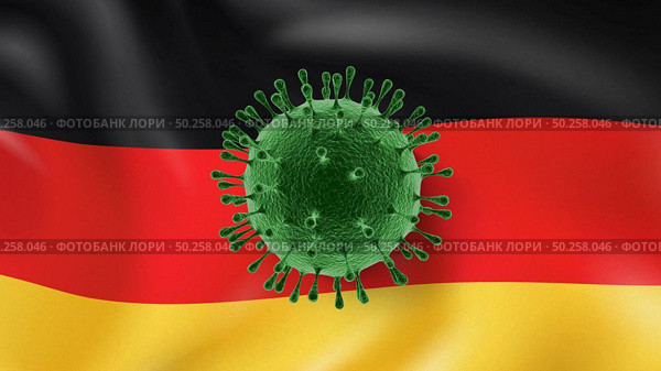 Model of Coronavirus molecule on a background of German flag. Rapid spread of Coronavirus, Covid 19 in the world. Global calamity. Quarantine concept.. Model of Coronavirus on the background of German flag. Стоковое фото, агентство Ingram Publishing / Фотобанк Лори