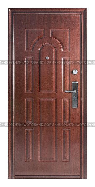 Model of entrance metal door isolated on white background. Стоковое фото, фотограф Елена  Попкова / Фотобанк Лори