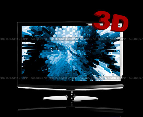 Modern 3D LED TV isolated on black showing a 3D movie. Стоковое фото, агентство Ingram Publishing / Фотобанк Лори