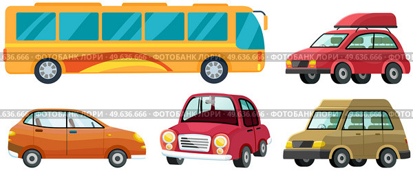 Modern automobile and yellow traveler bus set. Minivan or multi purpose vehicle isolated on white. Convenient mean of transportation, modern model of car. Economical family car, tourist autocar. Modern automobile and yellow traveler bus set. Minivan or multi purpose vehicle isolated on white. Стоковая иллюстрация, агентство Ingram Publishing / Фотобанк Лори