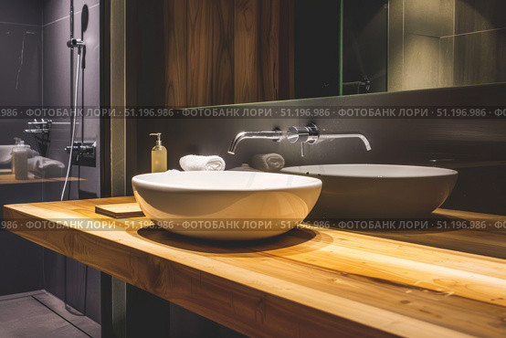 Modern bathroom with wooden vanity and vessel sink in minimalist design. Стоковое AI-изображение, AI-художник Zakharova Natasha / Фотобанк Лори