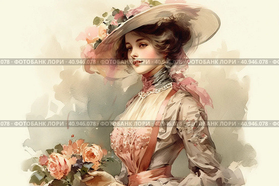 Modern beautiful woman in 1910s fashion style with hourglass waist, voluminous skirt and wide hat decorated with flowers and veil. Generative AI. Стоковое AI-изображение, AI-художник Анна Кривицкая / Фотобанк Лори