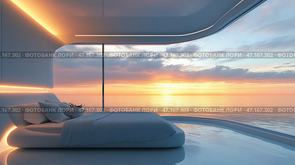 Modern bedroom with stunning ocean view during sunrise offers serenity and tranquility. Стоковое AI-изображение, AI-художник Михаил Коханчиков / Фотобанк Лори
