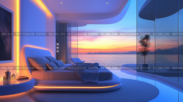 Modern bedroom with stunning ocean view during sunrise offers serenity and tranquility. Стоковое AI-изображение, AI-художник Михаил Коханчиков / Фотобанк Лори