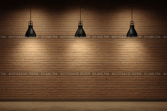 Modern black pendant lights with vintage light bulb hanging among bricks wall. Hanging ceiling light in a white shared office space. Decorative geometric metal lamp. Suspended chandelier loft style. Стоковое AI-изображение, AI-художник Марина Демидюк / Фотобанк Лори