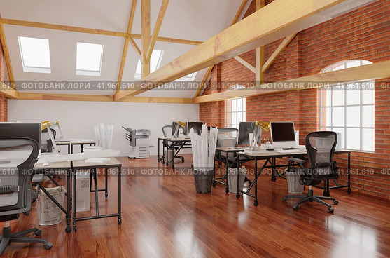 Modern bright coworking office interior. Стоковая иллюстрация, иллюстратор Виктор Застольский / Фотобанк Лори