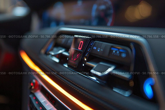 Modern car interior showing climate control and infotainment system. Стоковое AI-изображение, AI-художник Иван Рябоконь / Фотобанк Лори