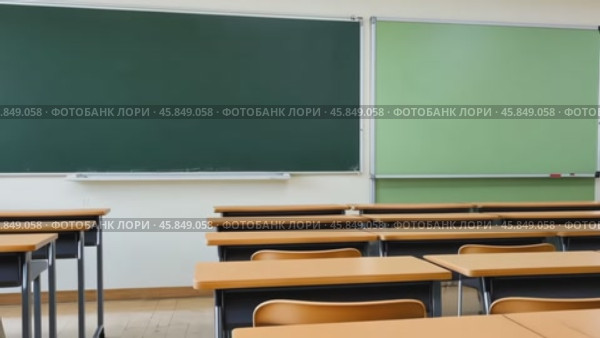 Modern classrooms interior with desks and green blackboard. Empty Classroom setup with school furniture and a chalkboard. No people. Nobody. Blurry view of class room with chairs and tables in campus. Стоковое AI-видео, аниматор Марина Демидюк / Фотобанк Лори